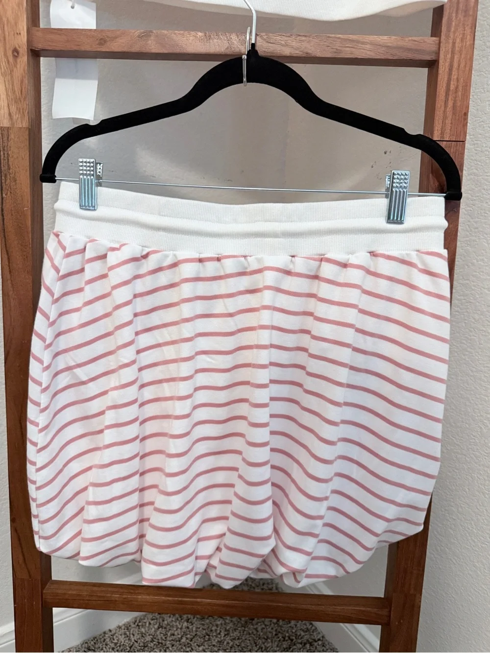 Striped Pink & White Women's Skirt Set — Casual Polo Crop Top & Drawstring Skirt